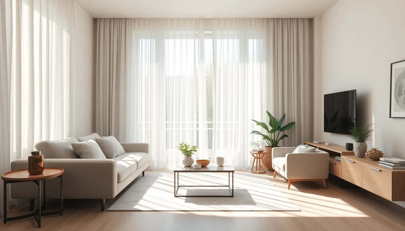bright living room with sheer net curtains and modern decor.