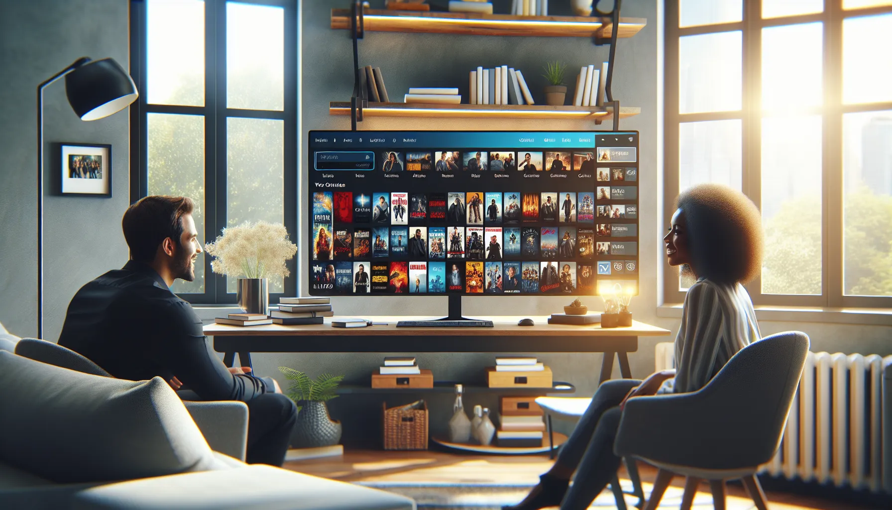 diverse team exploring Filmijila.com in a modern home office.