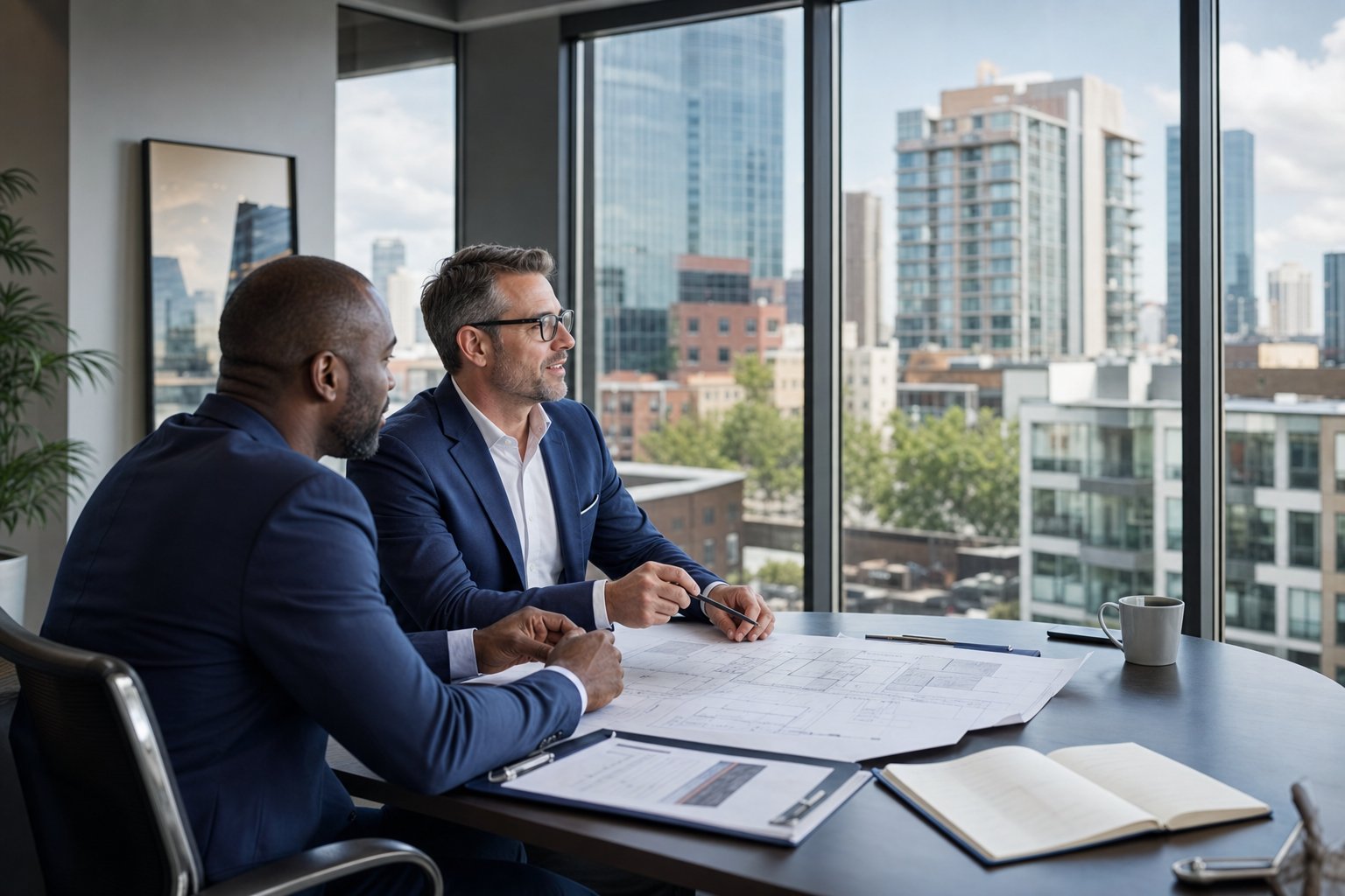 Professional commercial mortgage consultation in a modern office overlooking city commercial properties, with two people reviewing plans and financial documents in natural daylight.