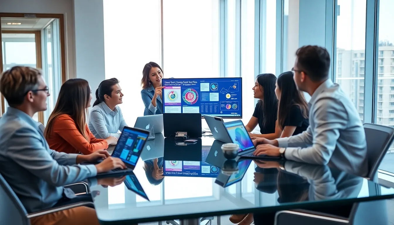 diverse team discussing Universal Logic Data Model in a modern office.