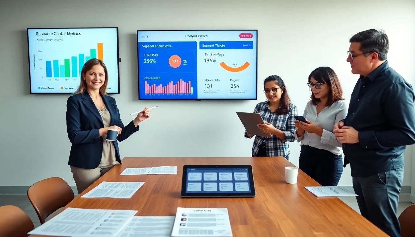 Team reviewing a resource center metrics dashboard in a modern office.