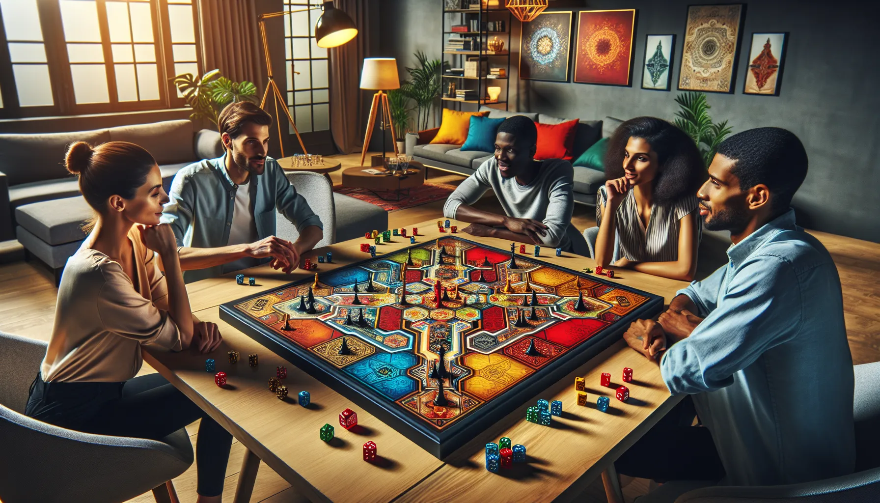 diverse friends playing Sattamatakafinalank in a modern game room.