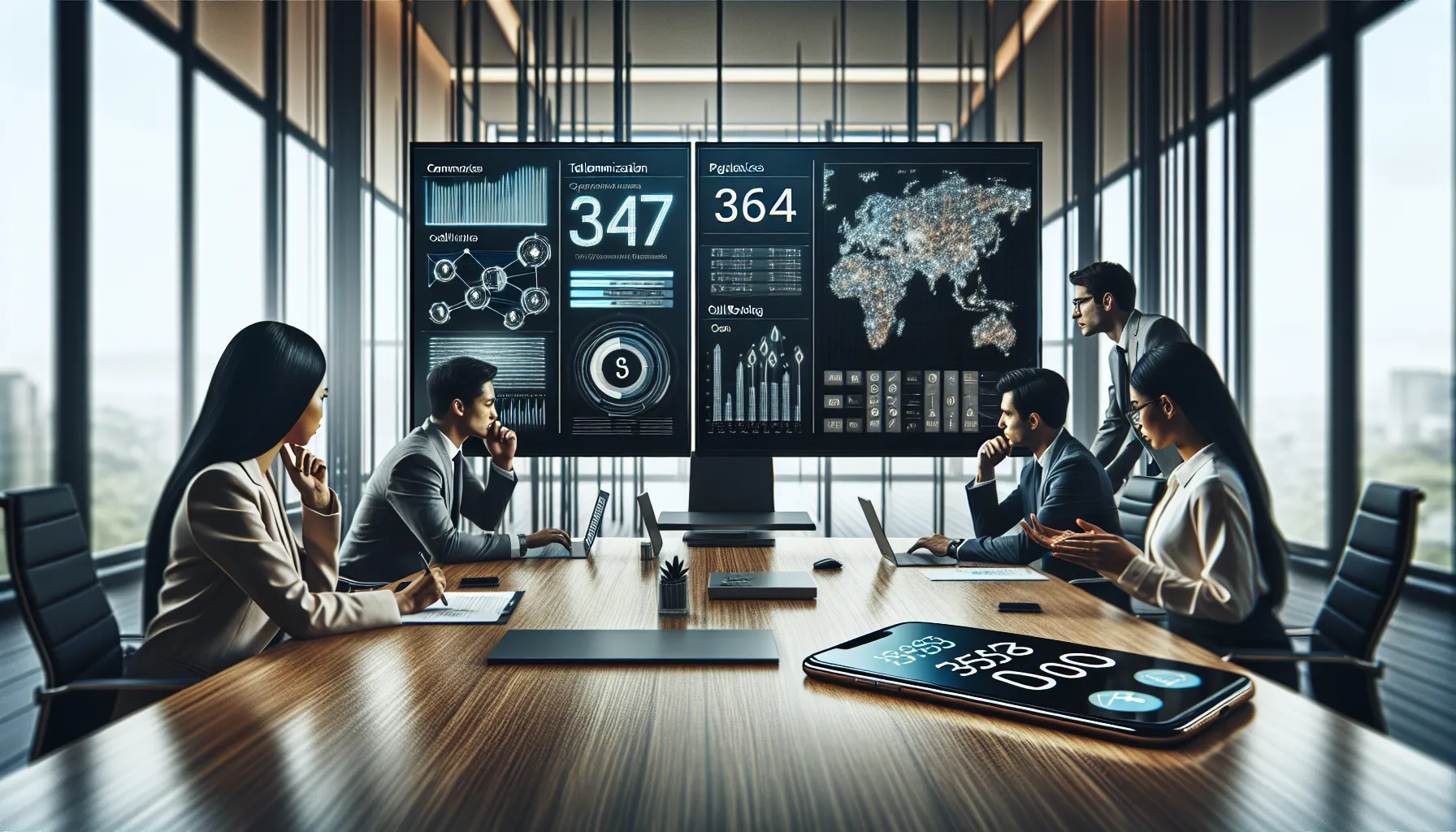 Professionals analyzing telecommunications data in a modern office.