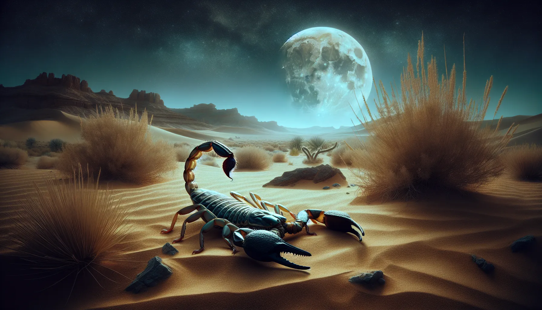 A scorpion in a moonlit desert landscape showcasing its features and natural habitat.