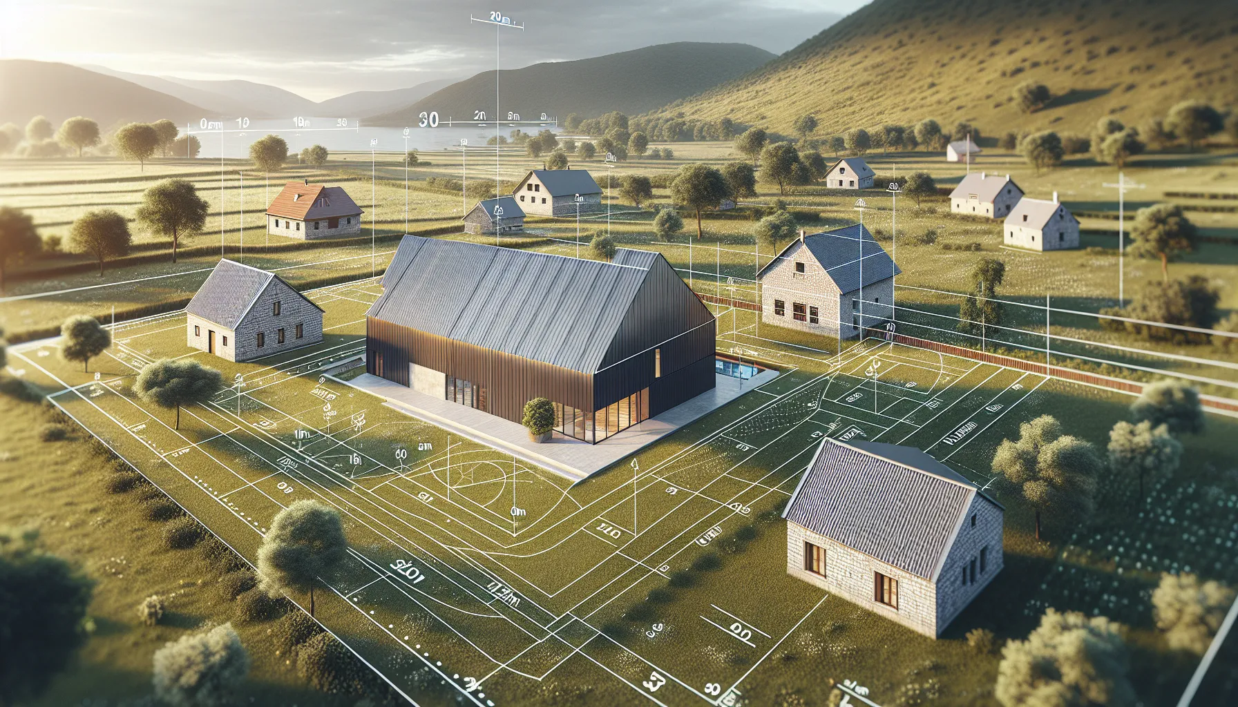 Aerial diagram showing barn distance measurements from Croatian residential buildings
