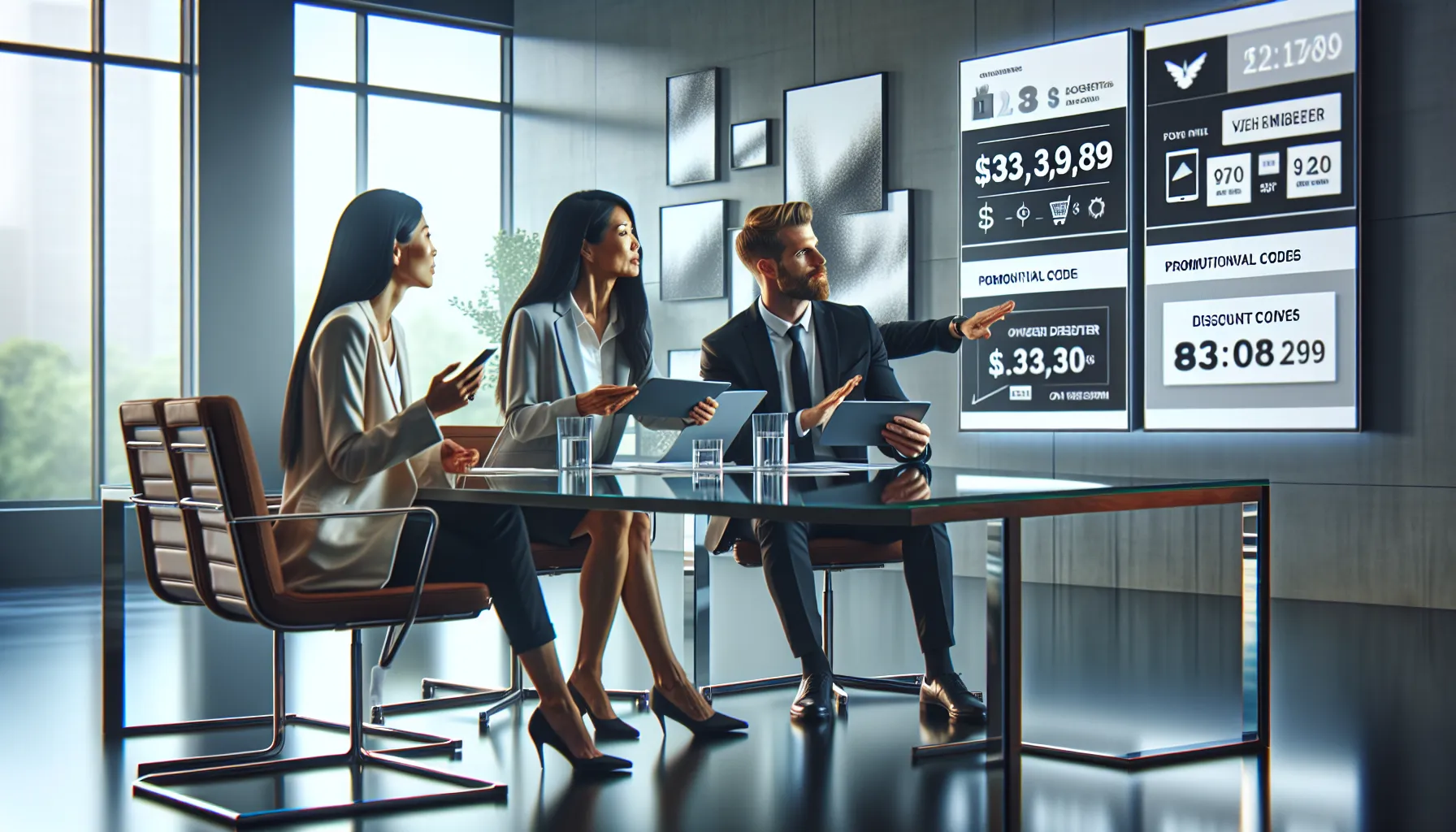 professionals discussing discount codes in a modern office.