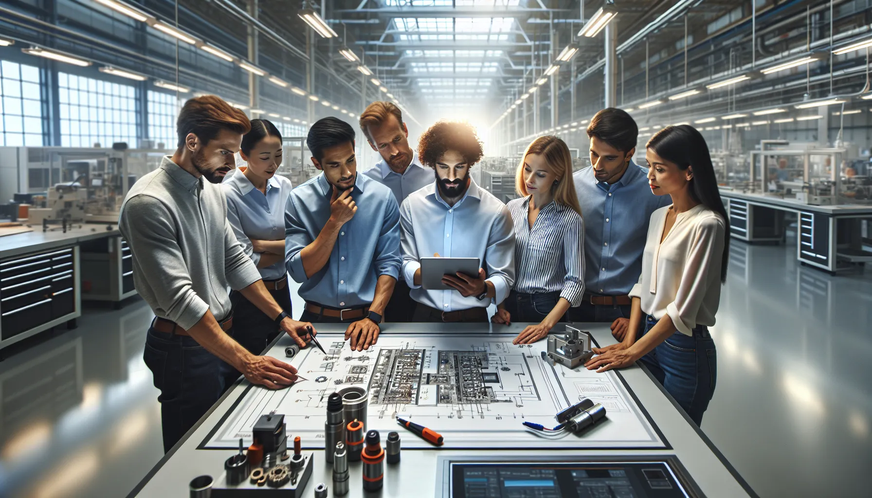 engineers discussing a high-tech part in a modern manufacturing facility.