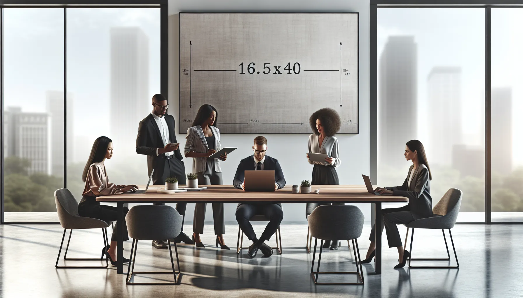 diverse professionals collaborating at a 16.55x40 tabletop in a modern office.