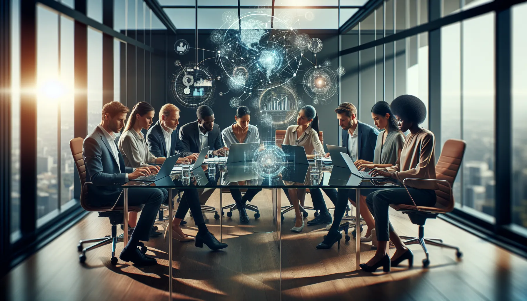 diverse team collaborating in a modern office with laptops.