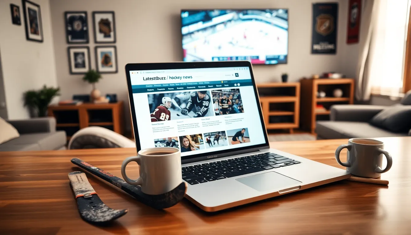 a laptop displaying hockey news in a cozy living room setting.