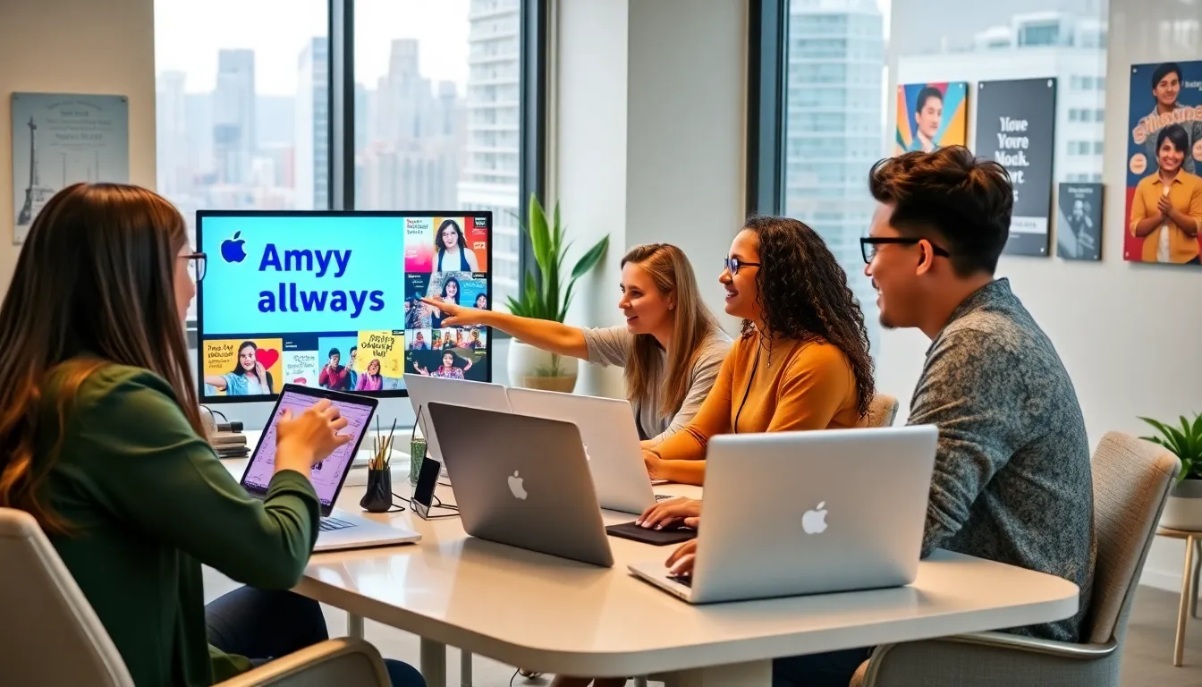 diverse team collaborating on the viral phrase AmyaAlwaysHere.