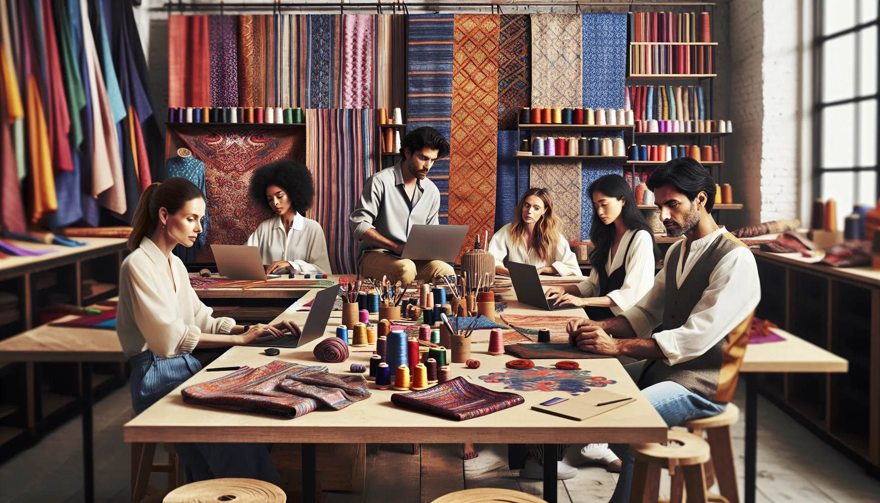 diverse team of artisans collaborating on sustainable fashion designs.