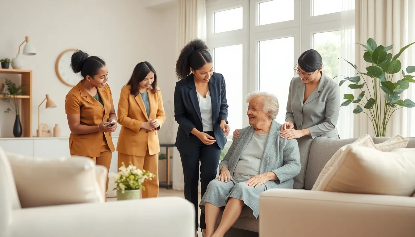 diverse caregivers providing 24/7 support to an elderly client at home.