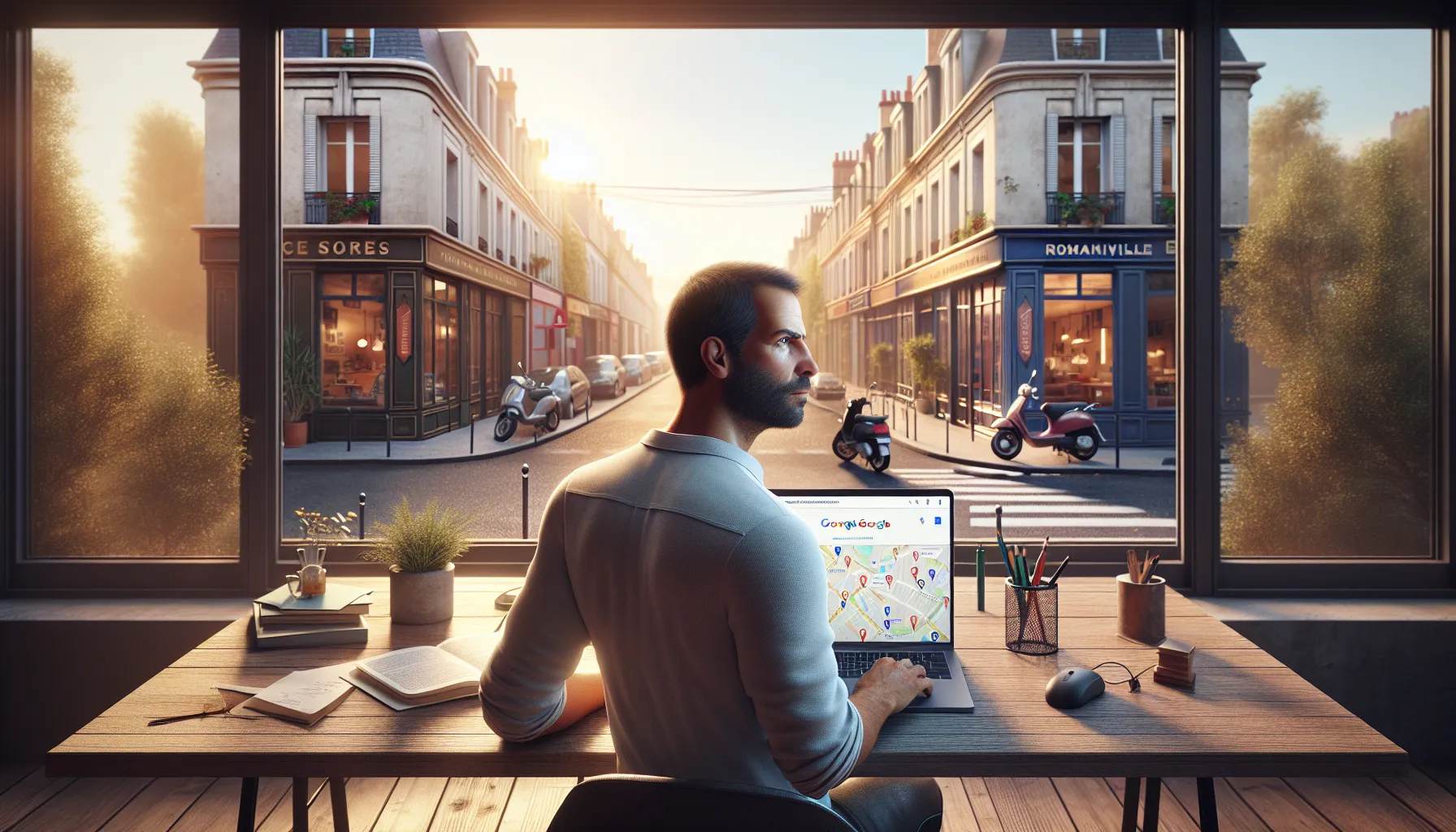 Small business owner in Romainville checking weak Google local search visibility on laptop.