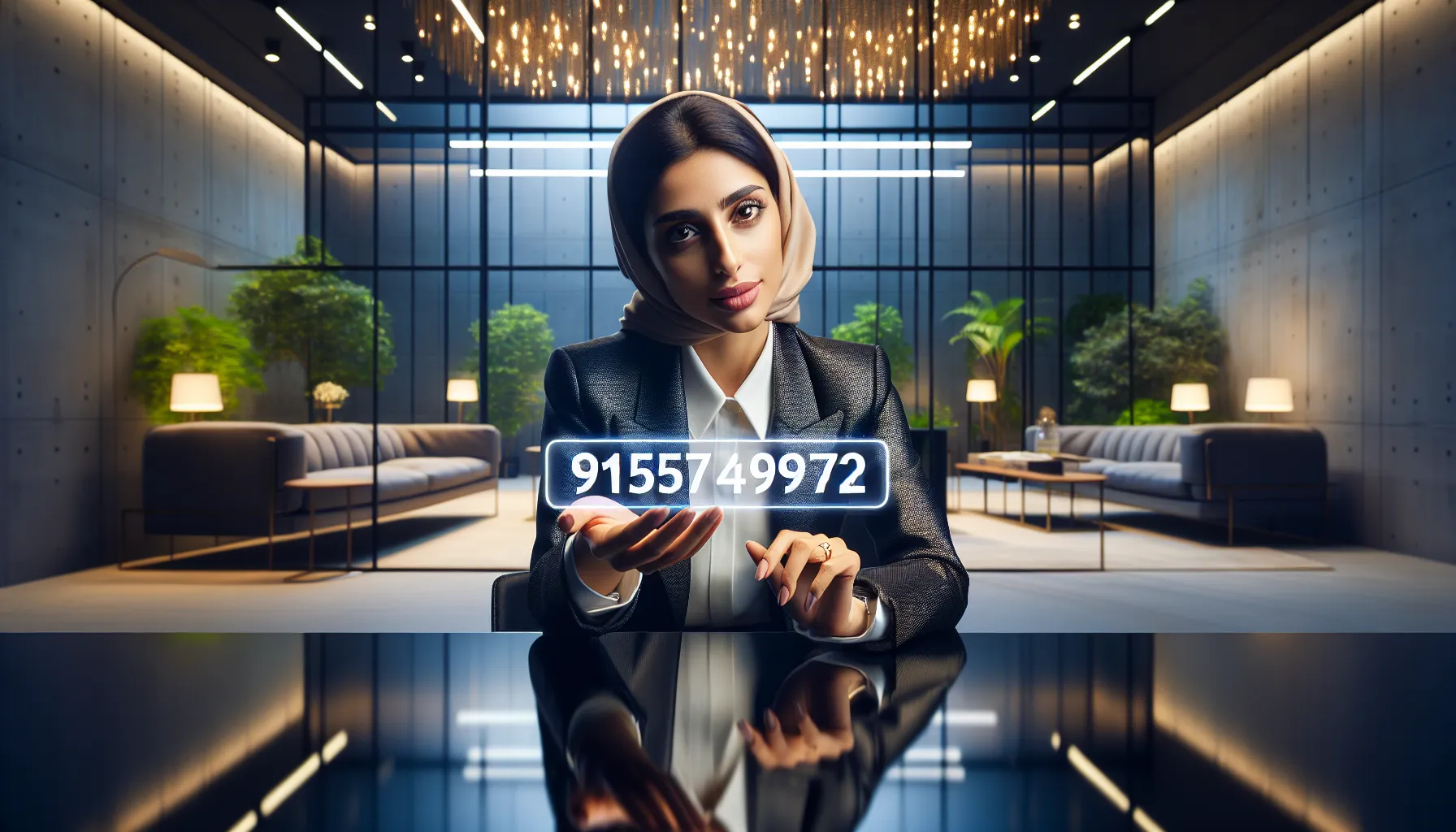 business professional discussing a phone number in a modern office.