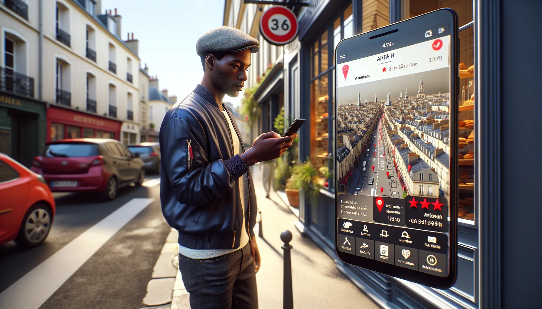 Man in Pantin using Google Maps on his phone to find local businesses.