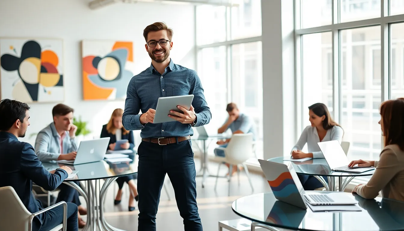 entrepreneur presenting a business plan in a modern co-working space.