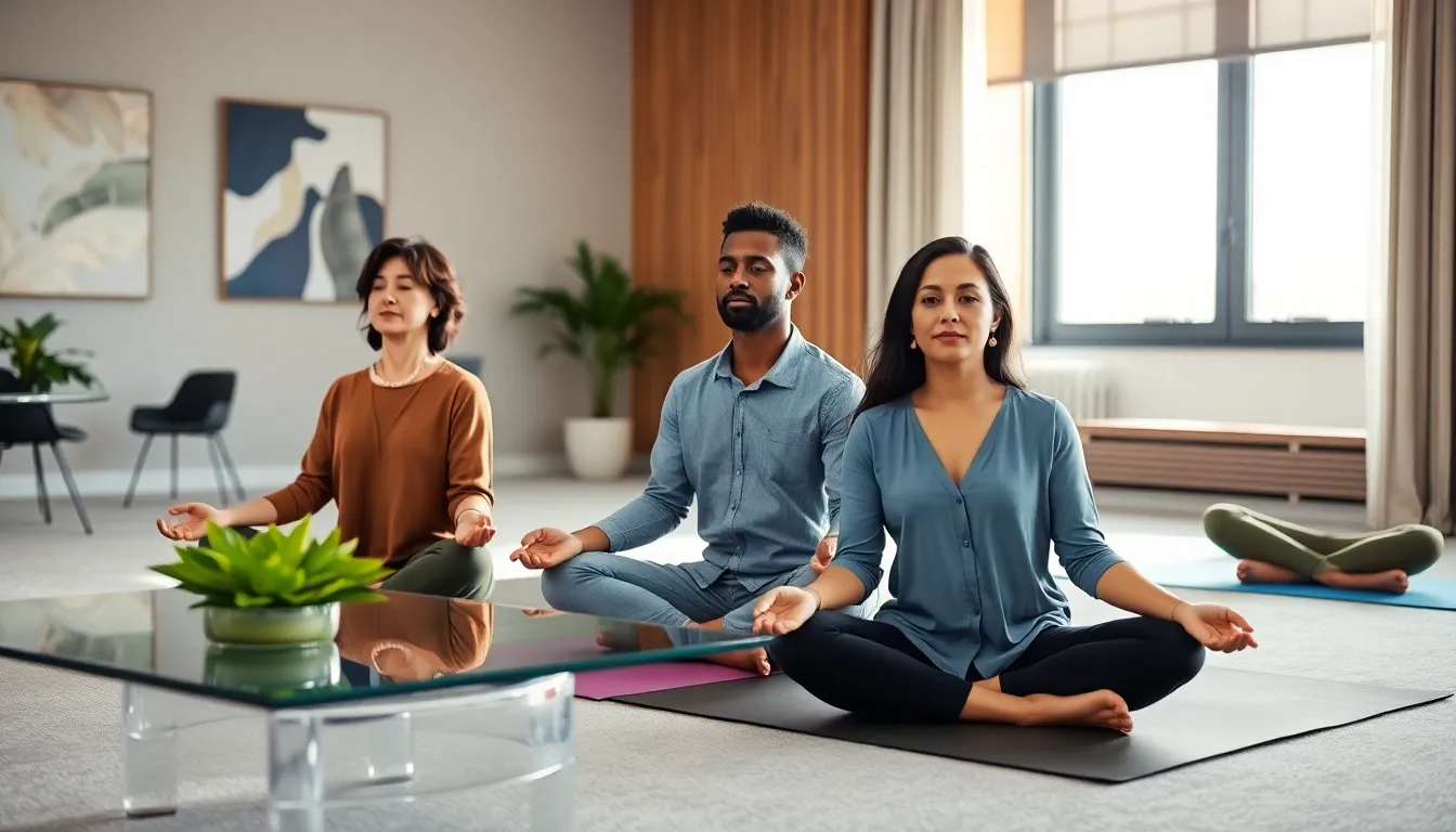 professionals practicing meditation in a calming office setting.