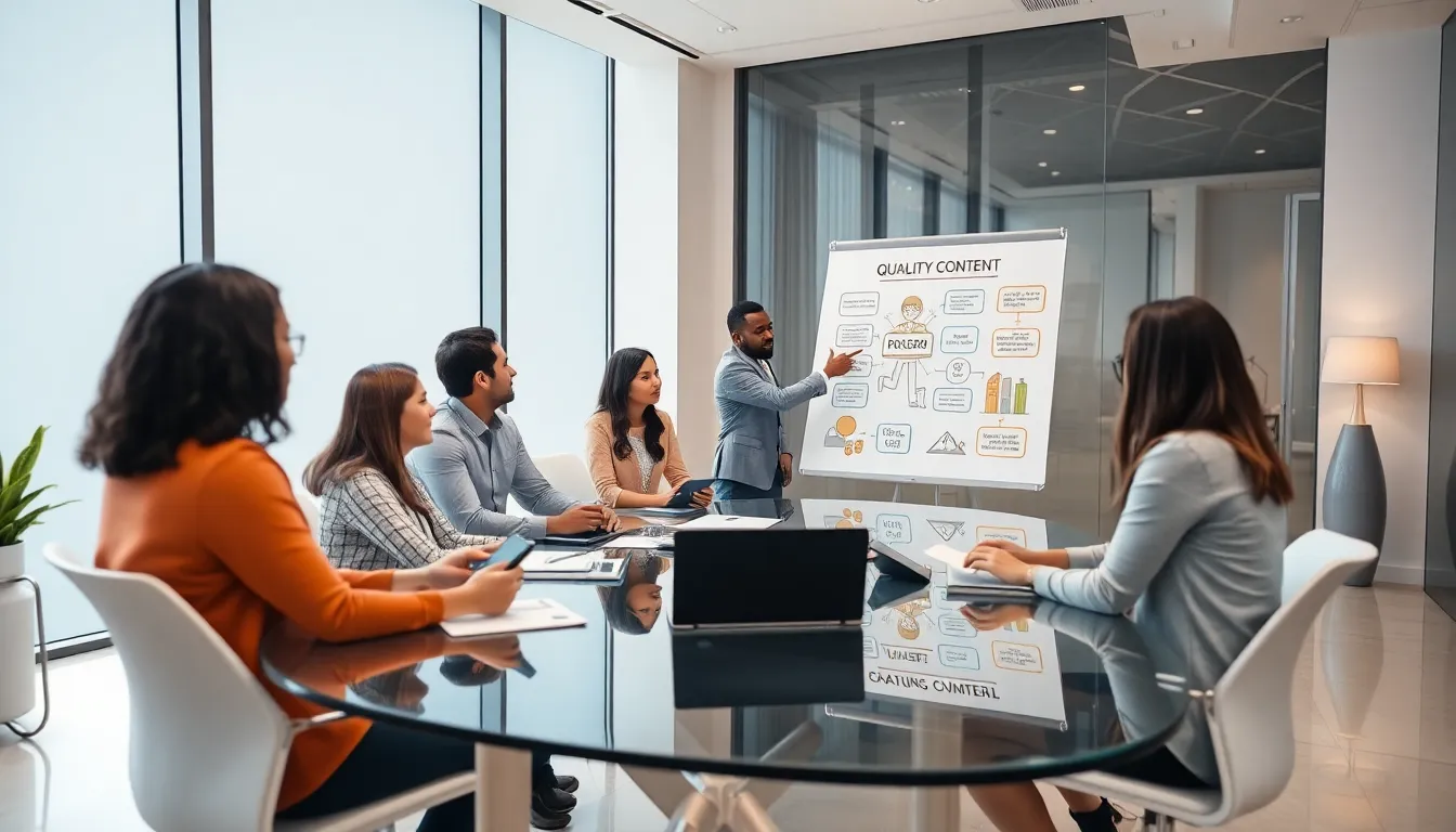 diverse team brainstorming captivating content in a modern office.
