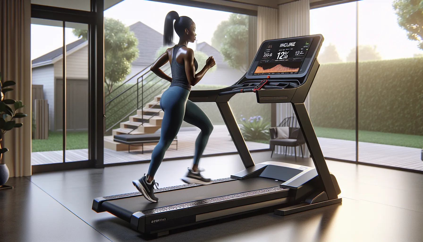 Runner training on an incline treadmill in a sunlit American home gym.