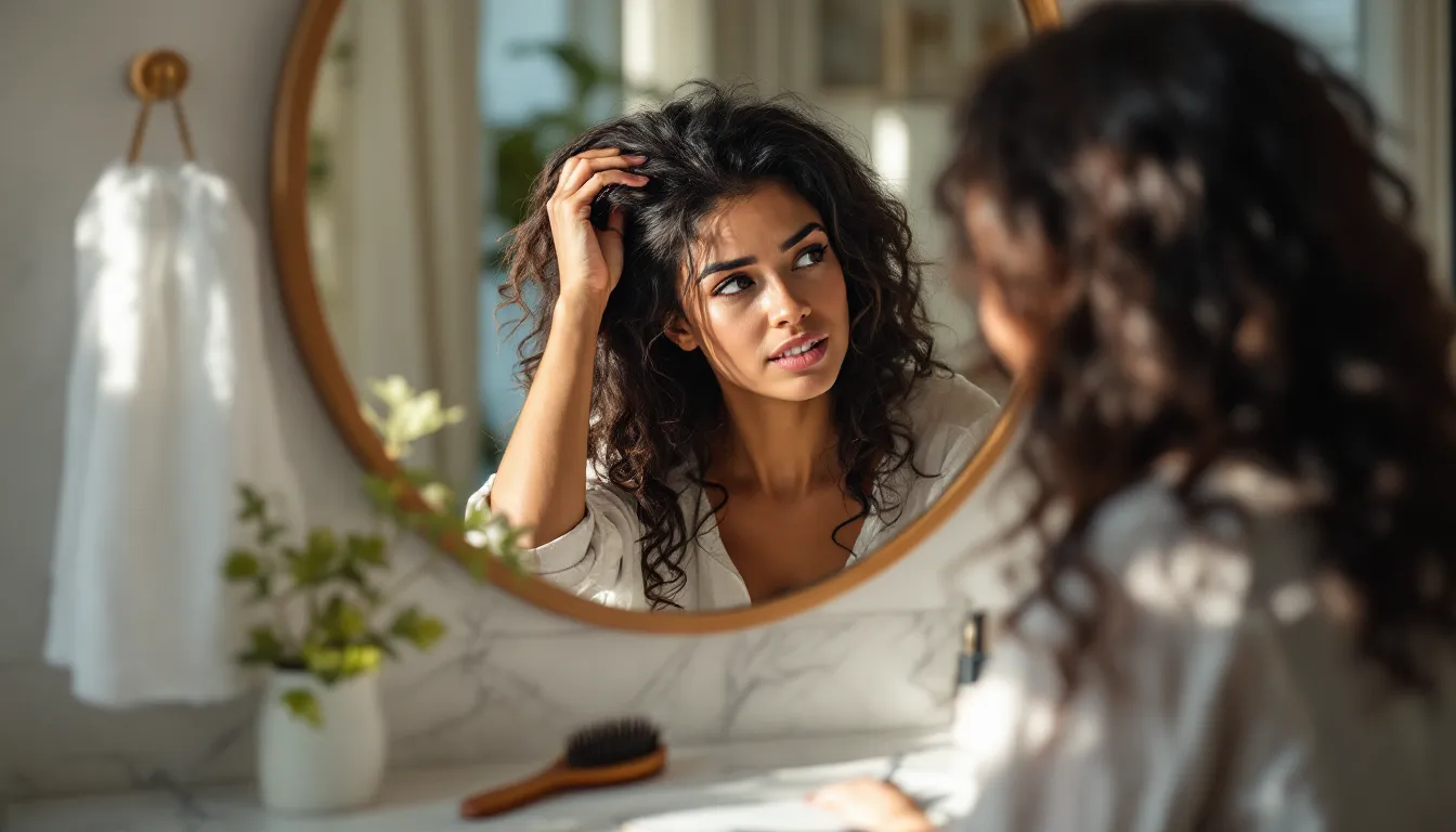 Woman examining her scalp in a mirror at a sunlit bathroom vanity.