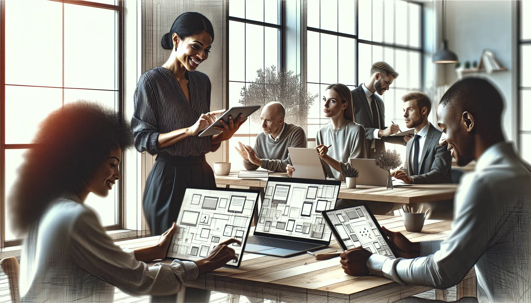 diverse professionals engaging with technology in a modern home office.
