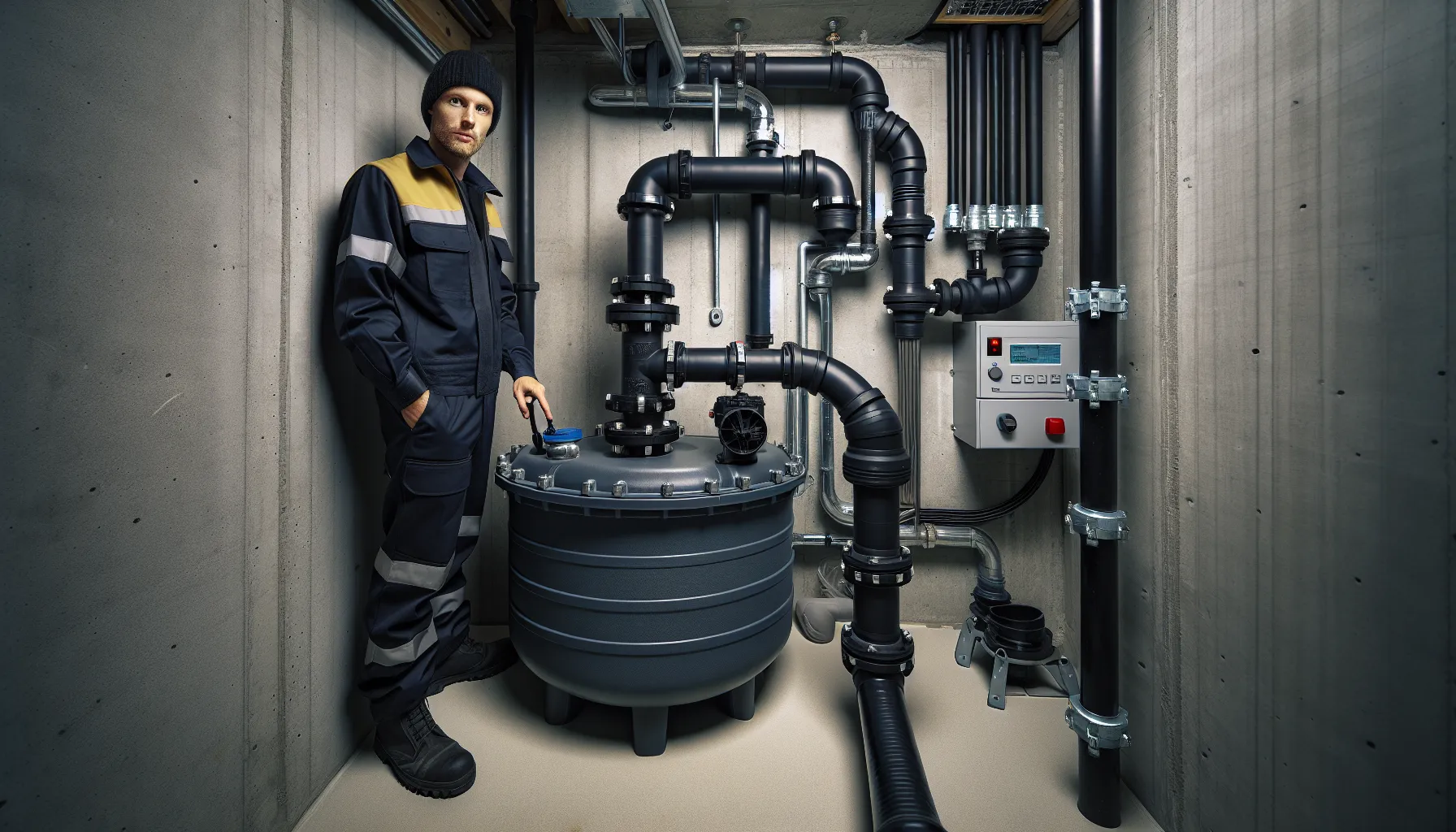 Norwegian basement sewage pump with check valve and plumber explaining proper setup.