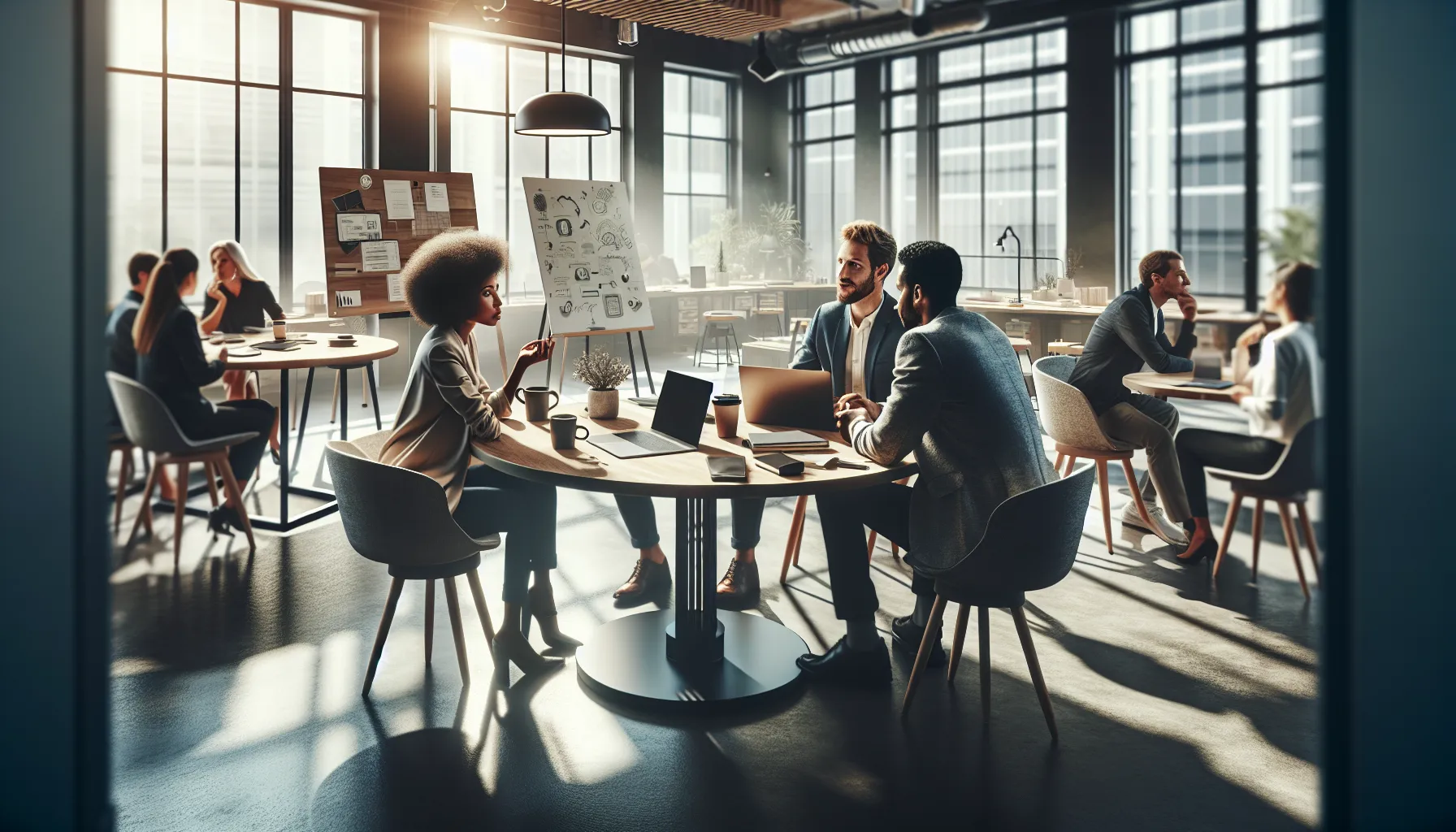 diverse professionals discussing ideas in a modern co-working space.
