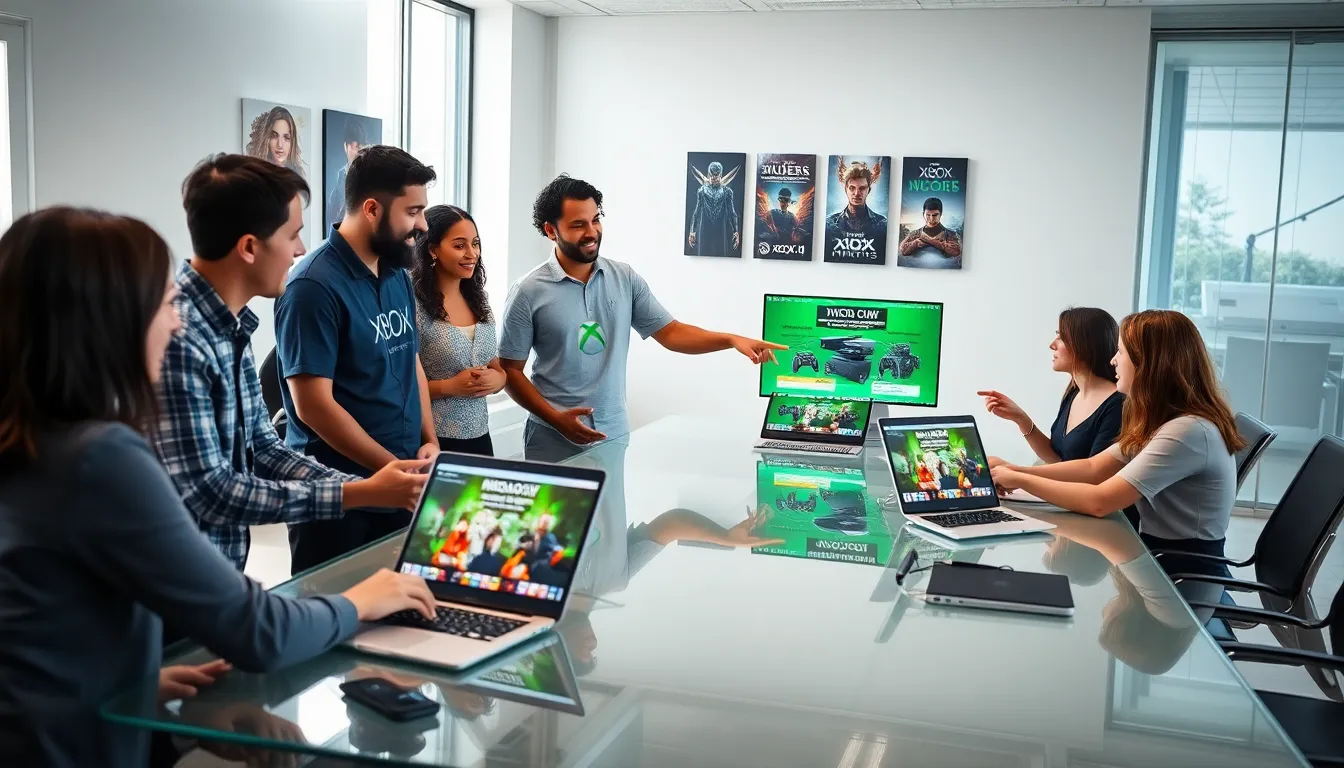 diverse team discussing Xbox gaming articles in a modern office.