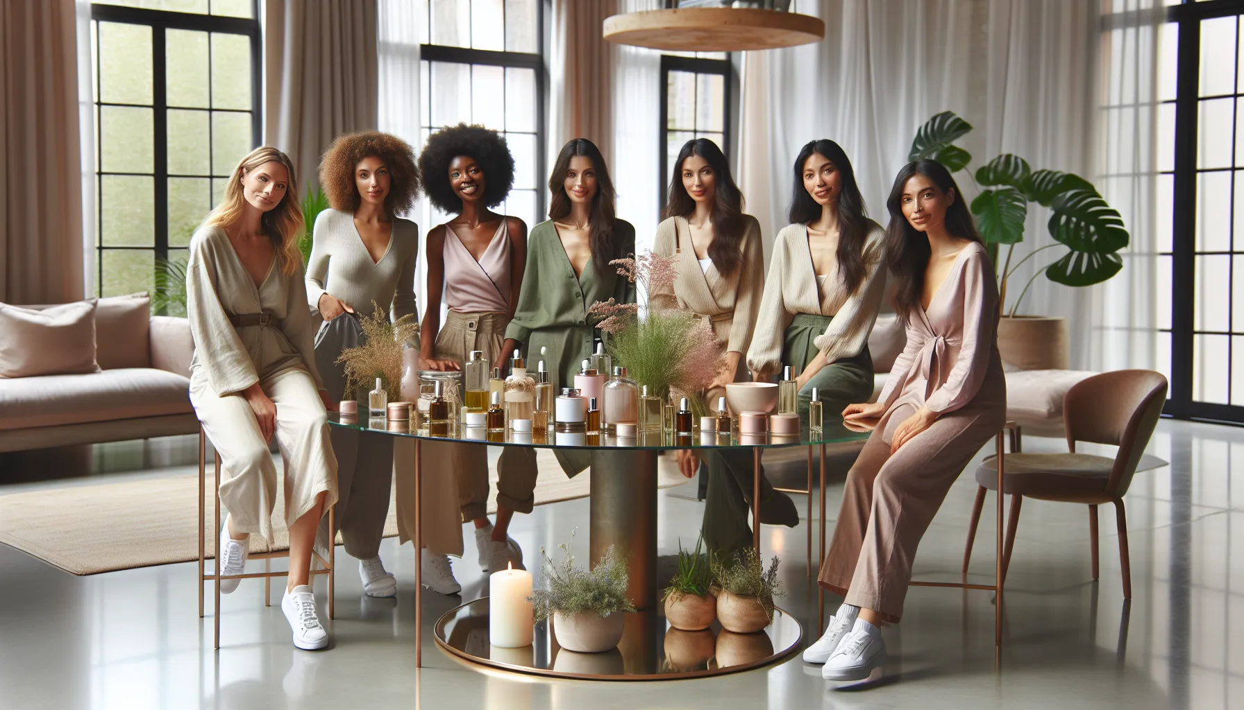 diverse women sharing natural beauty tips in a bright, modern setting.