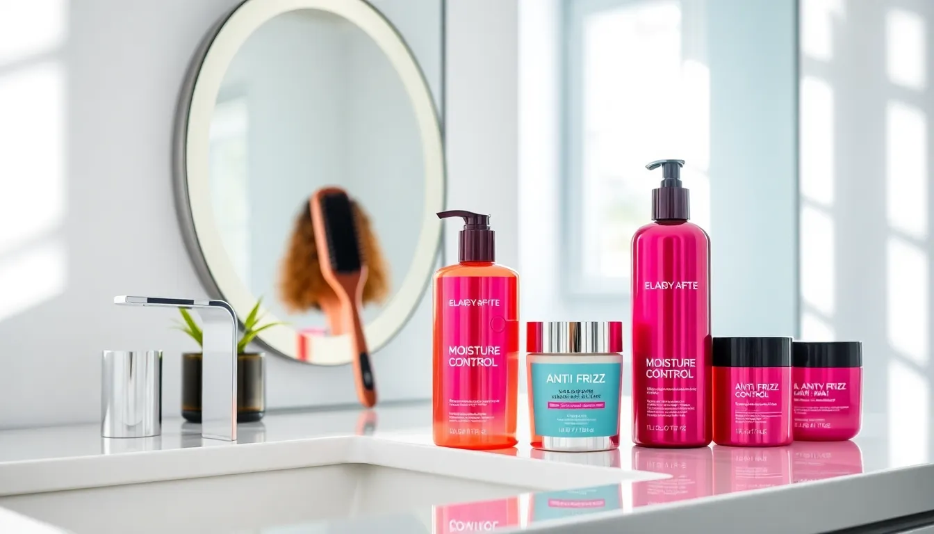 sleek bathroom with wavy hair products on a vanity.