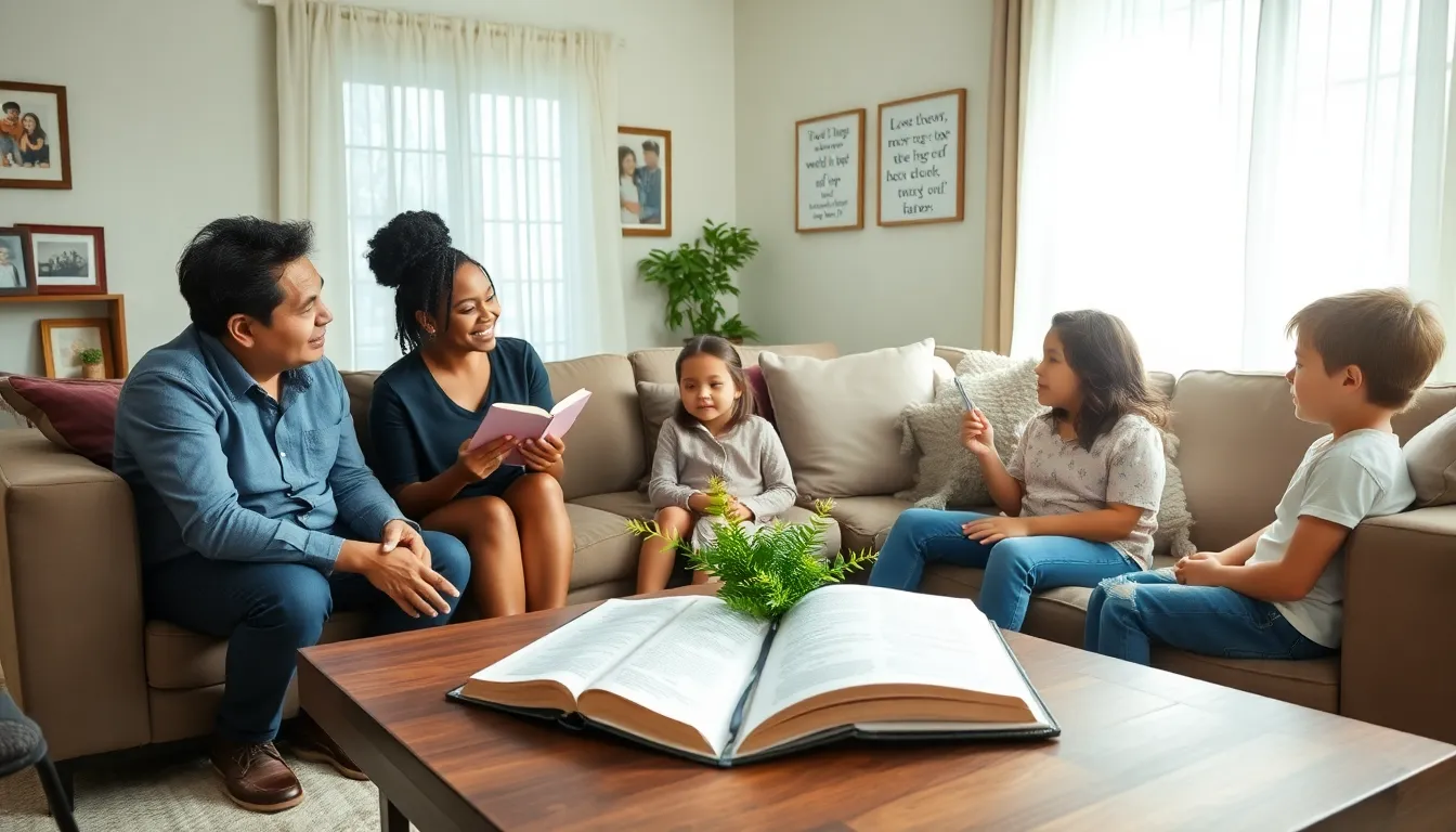 family discussing Bible teachings in a cozy living room.
