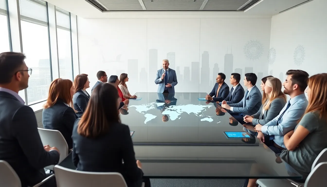 diverse professionals discussing global issues in a modern conference room.
