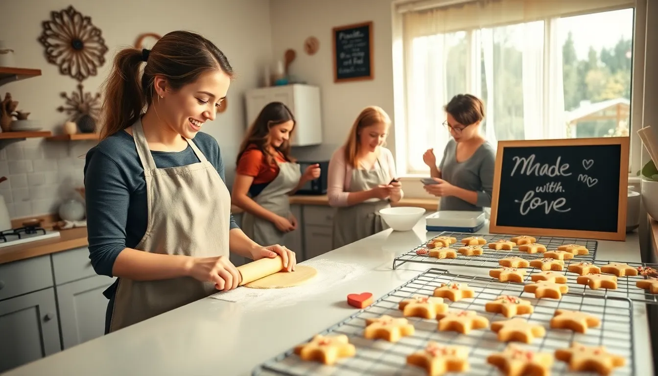 diverse bakers creating cookies in a cozy kitchen.