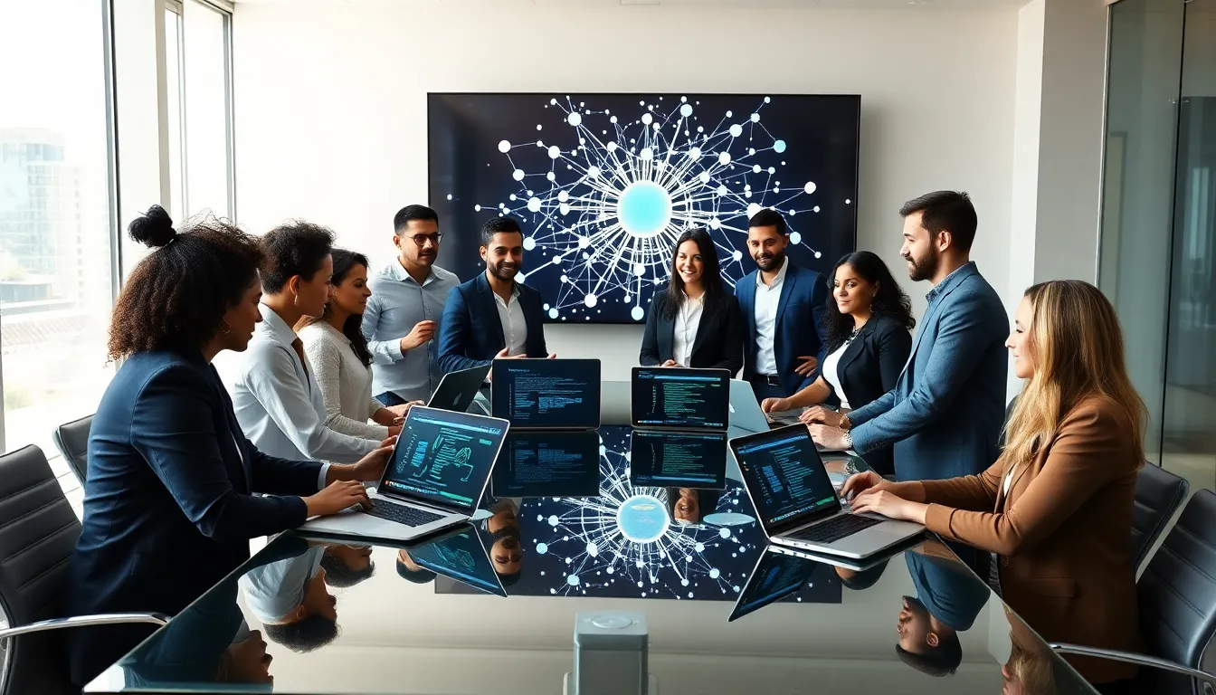 professionals discussing blockchain technology in a modern office.