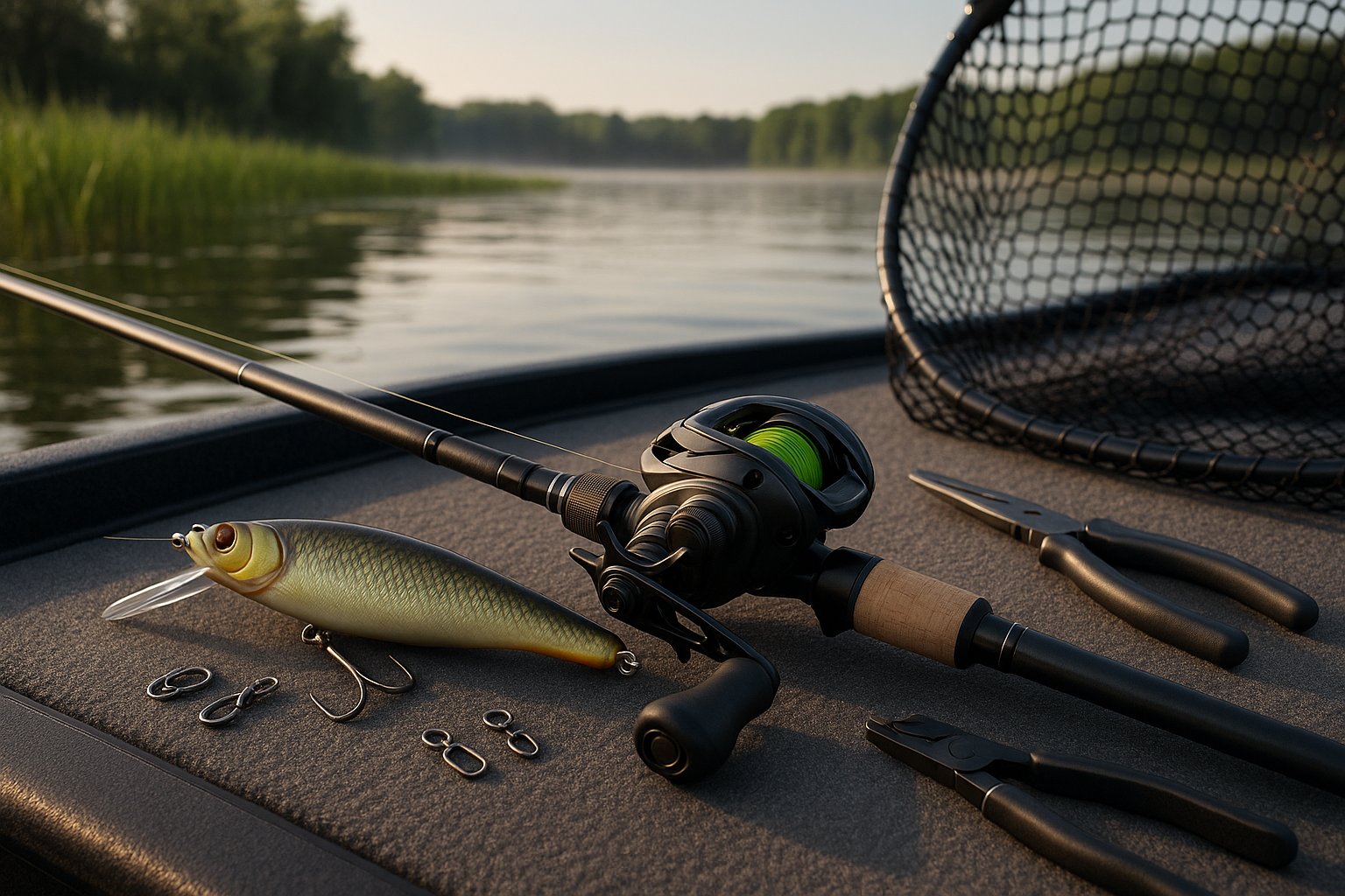 Heavy-duty northern pike rod, reel, braided line, and landing gear.