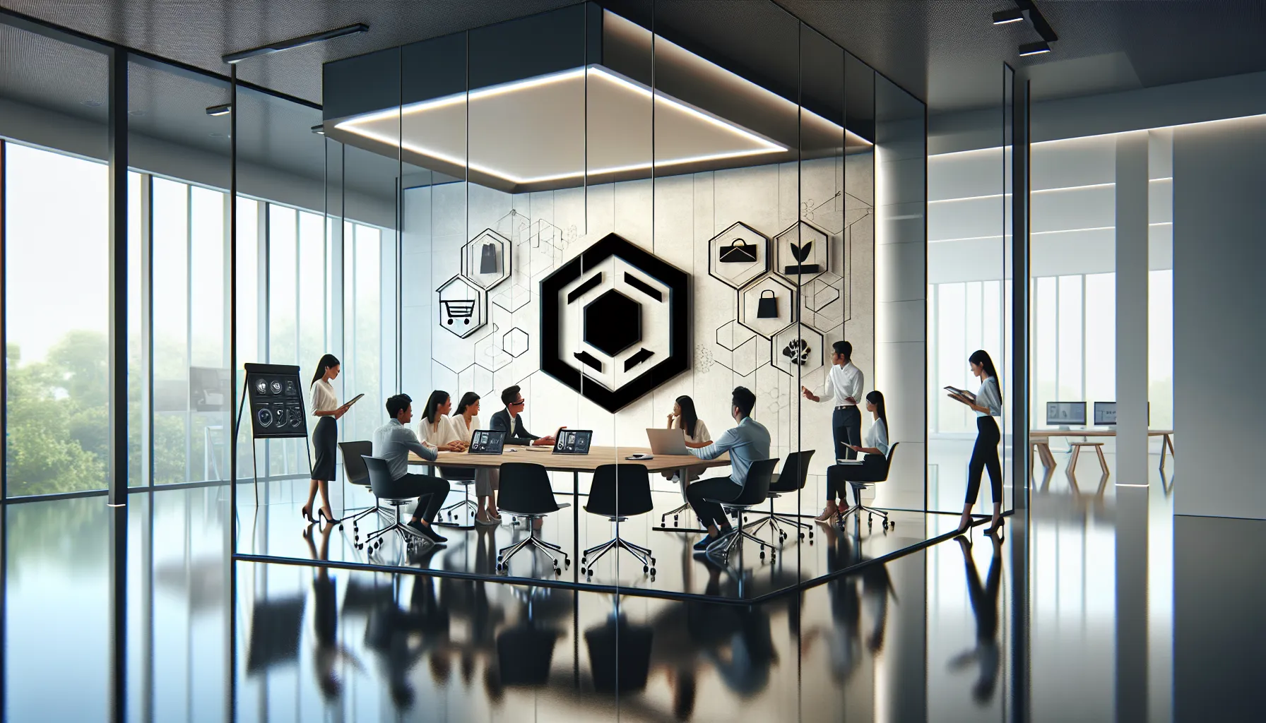 team discussing the evolution of the Shopee logo in a modern office.