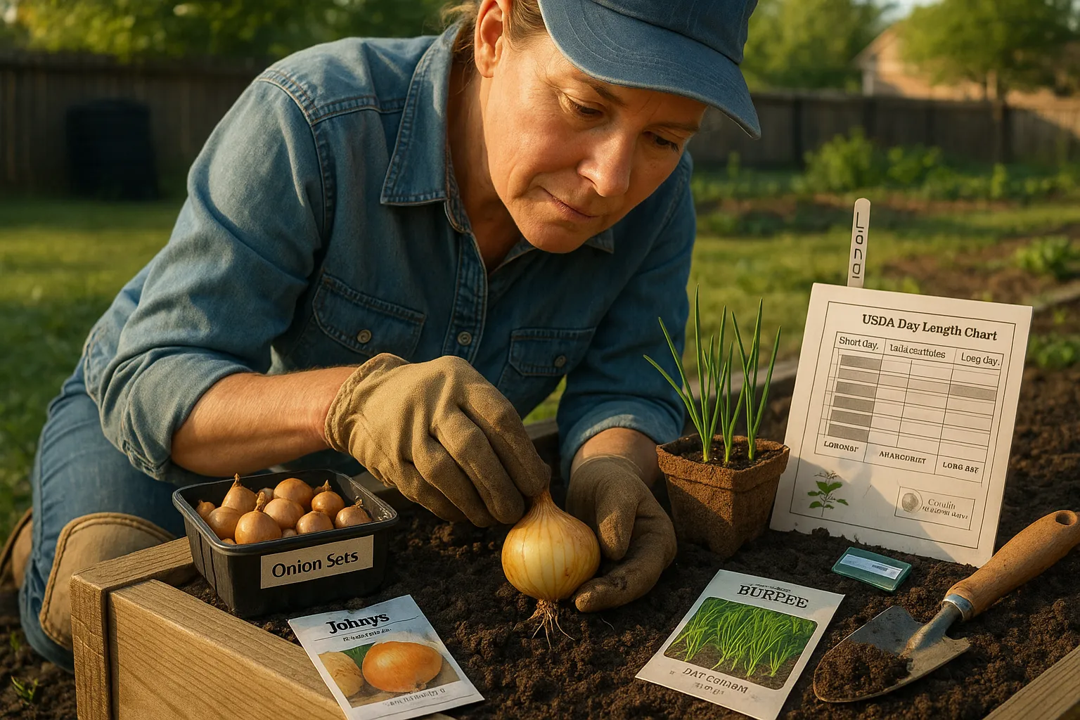 Gardener inspecting onion bulbs with onion sets, seedlings, and day-length chart nearby.