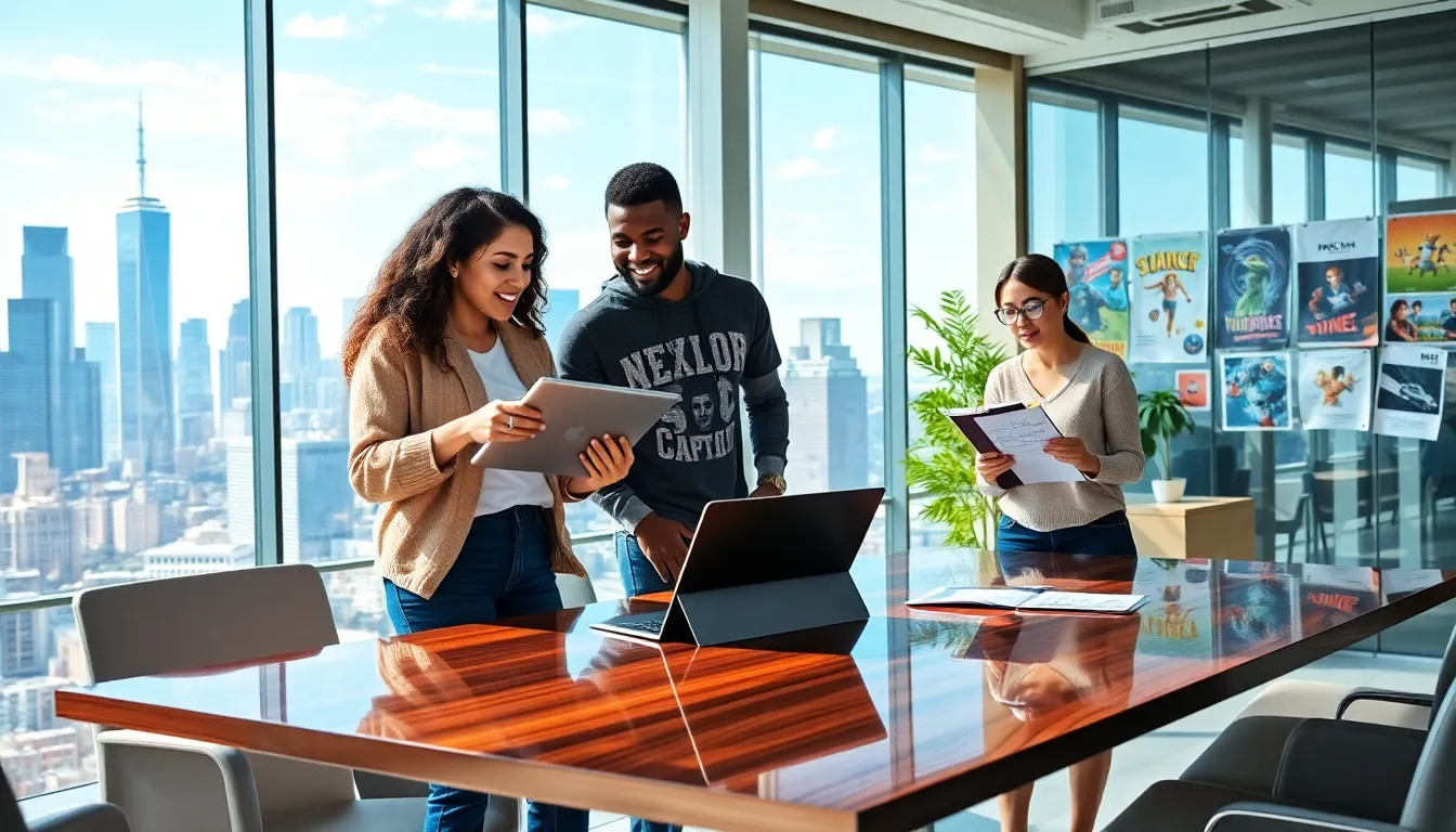 Three game developers collaborating in a modern office with a city view.