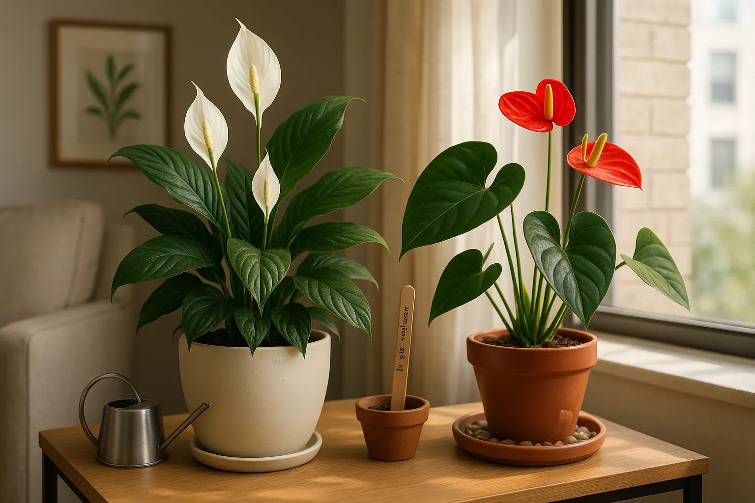 Peace Lily with white blooms beside a red Anthurium on a sunlit table.