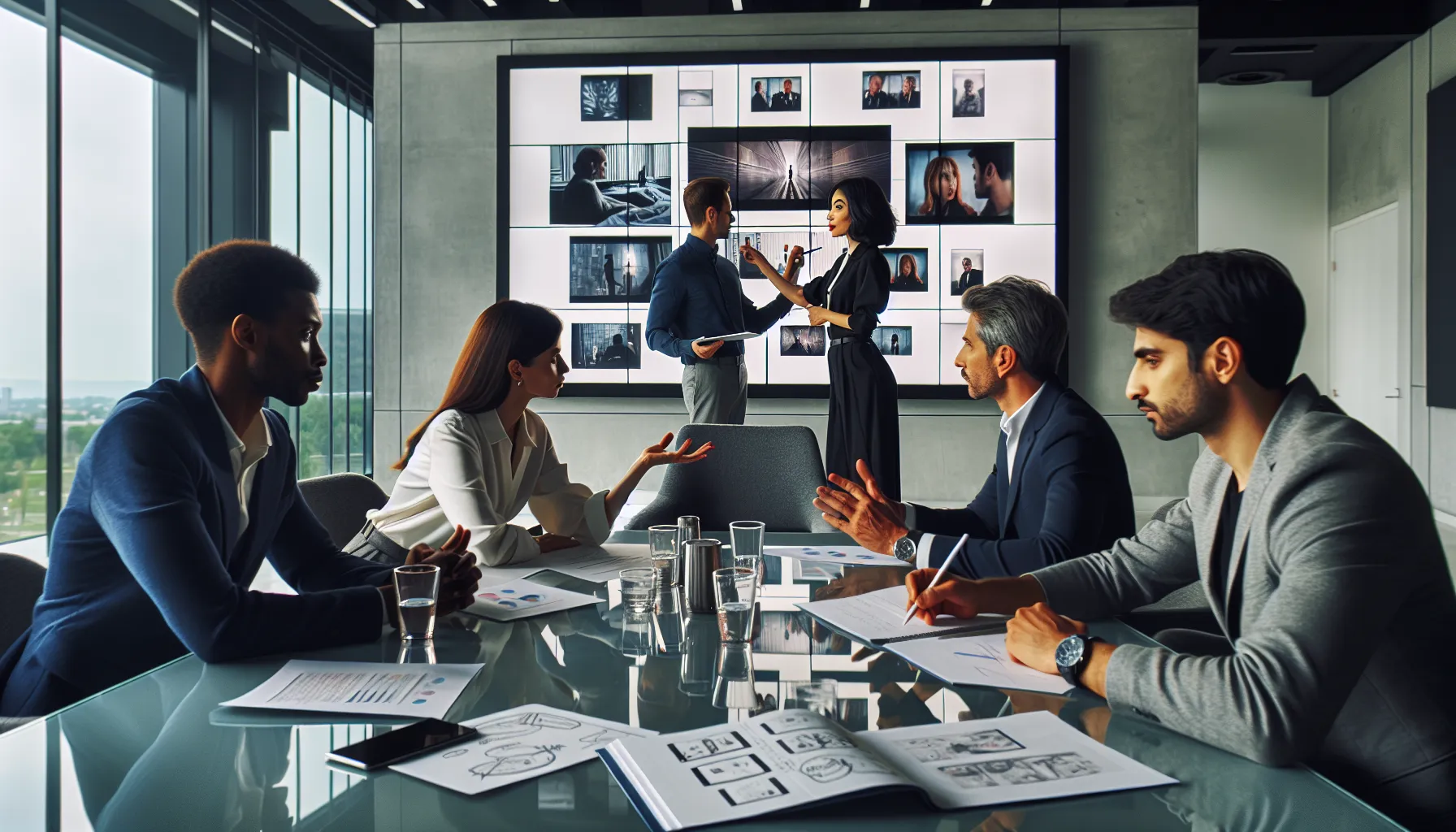 diverse group discussing film analysis in a modern classroom.