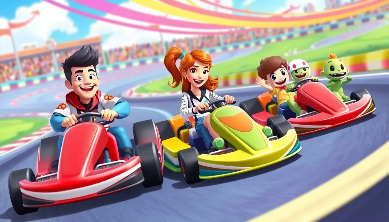Diverse characters racing go-karts on a colorful animated track.