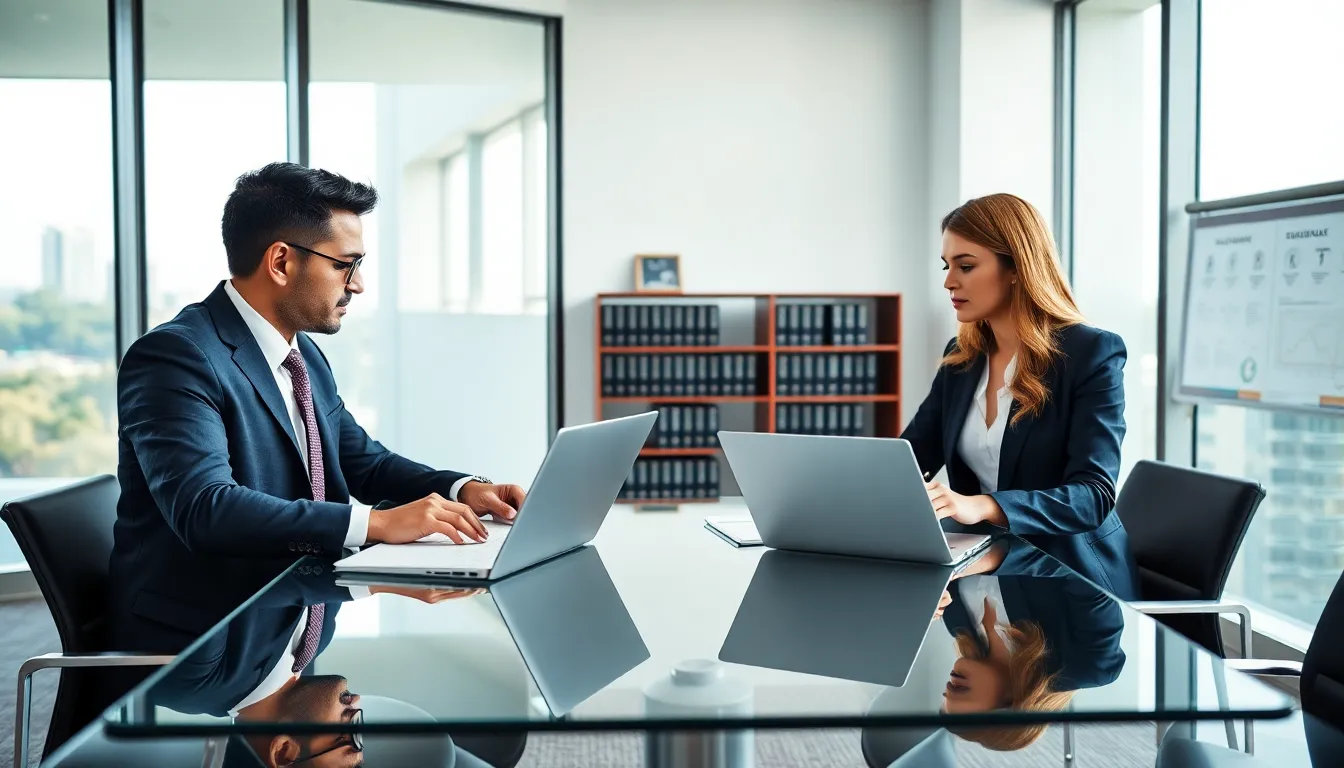 Two lawyers consulting over legal documents in a modern Brisbane office.