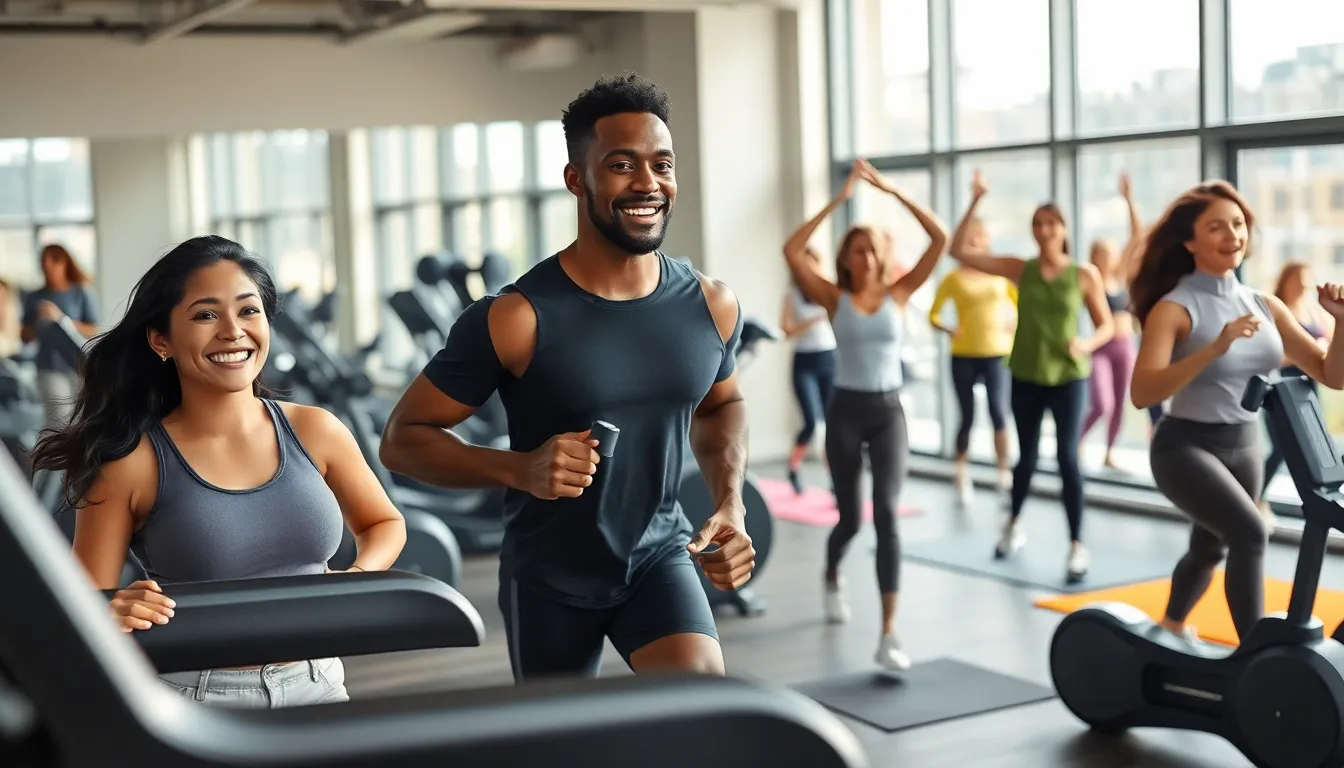 diverse individuals exercising in a modern gym setting.