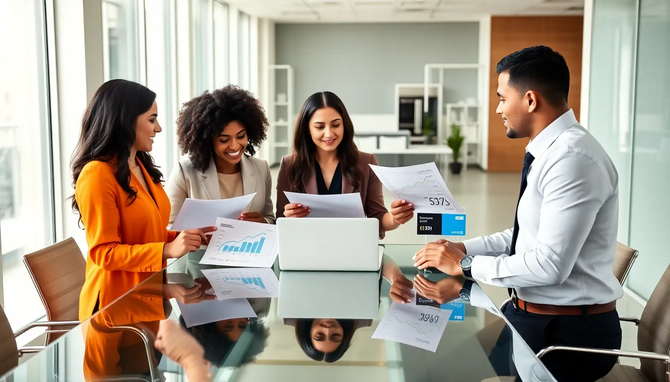 diverse team discussing credit card options in a modern office.