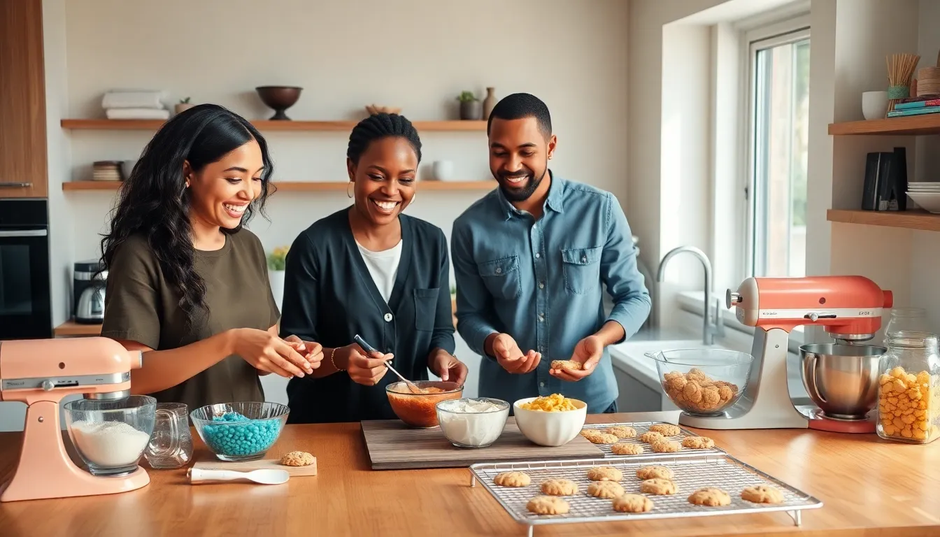 diverse team baking cookies in a cozy kitchen.