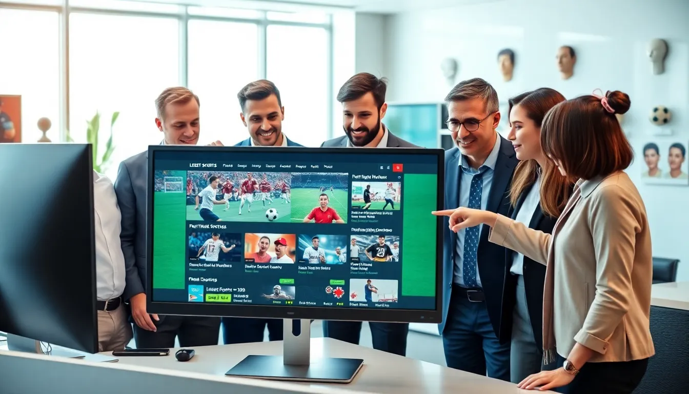 professionals discussing sports insights in a modern office setting.