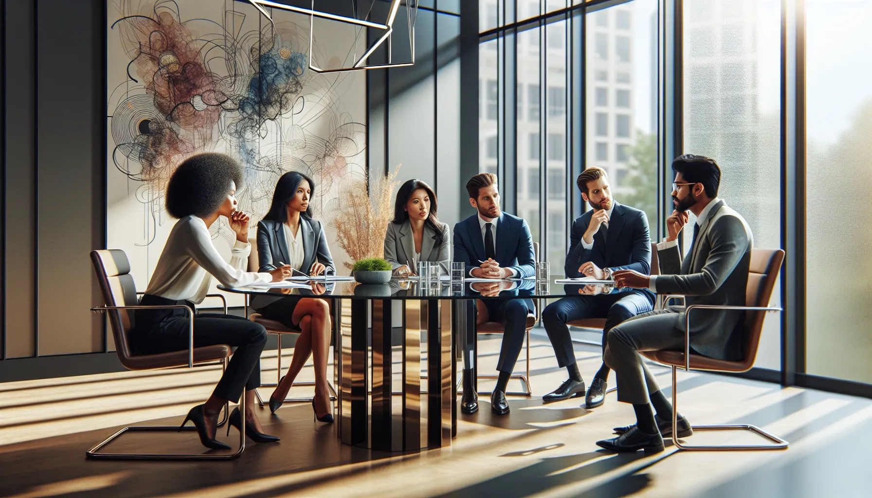 diverse professionals discussing the concept of белочкш in a modern office.