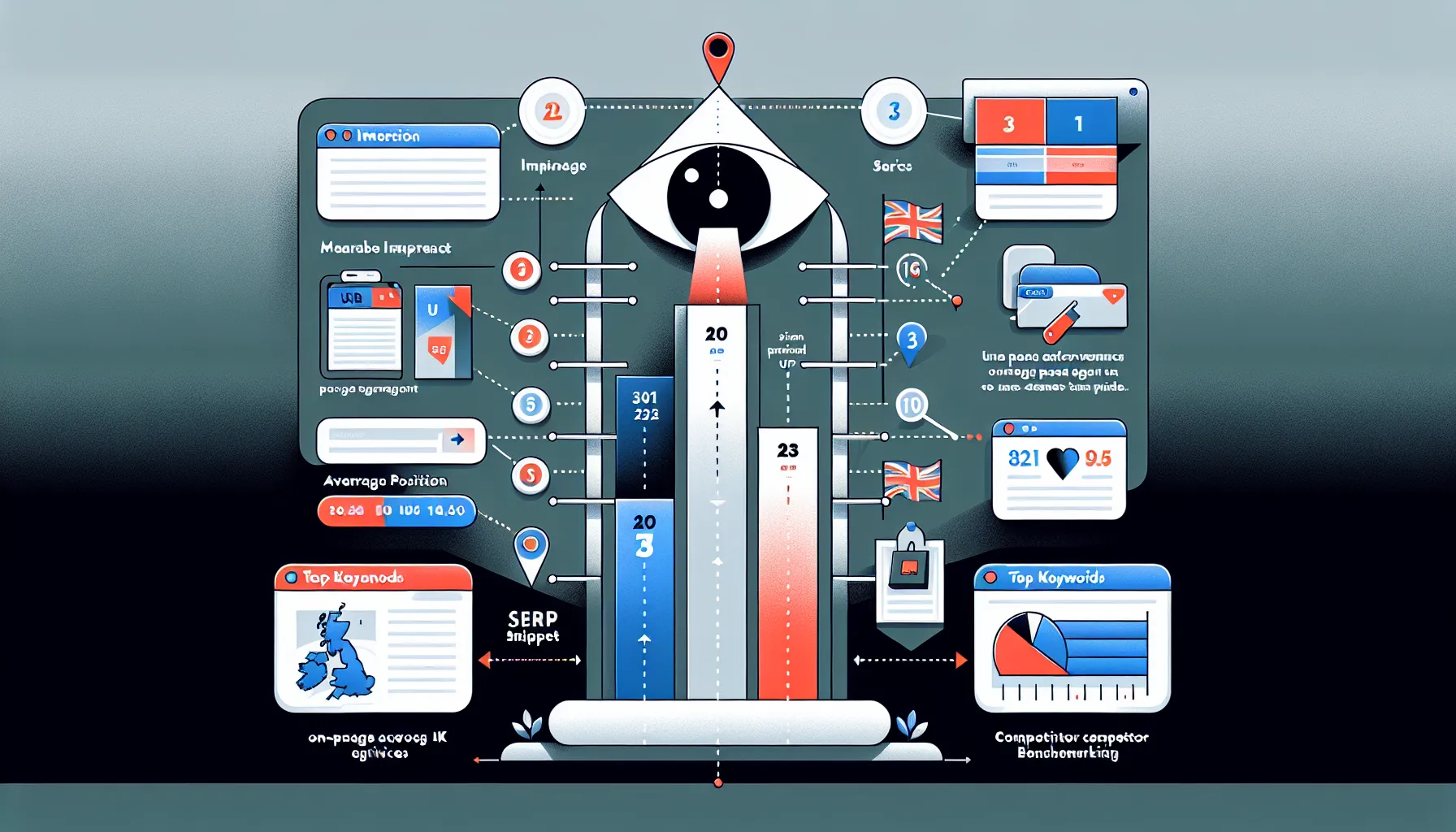 UK SEO infographic showing metrics beyond rank and page consolidation flow.