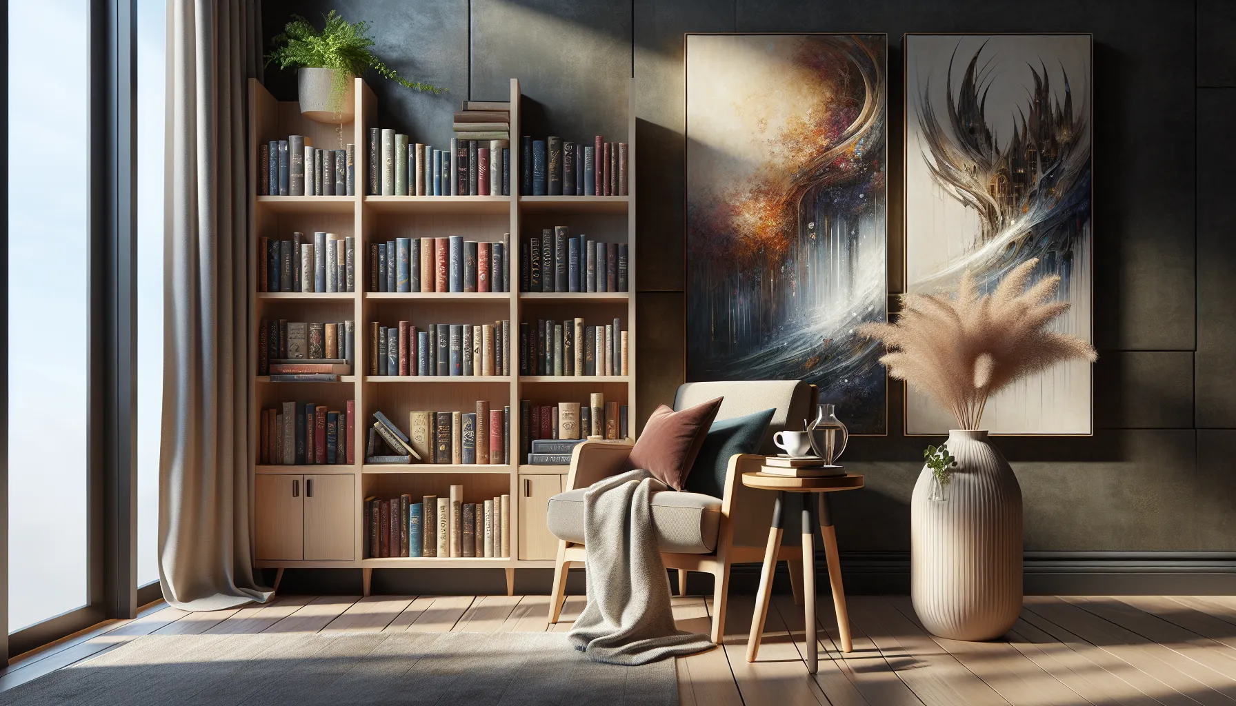 cozy reading nook with Sarah J. Maas's Throne of Glass series displayed.